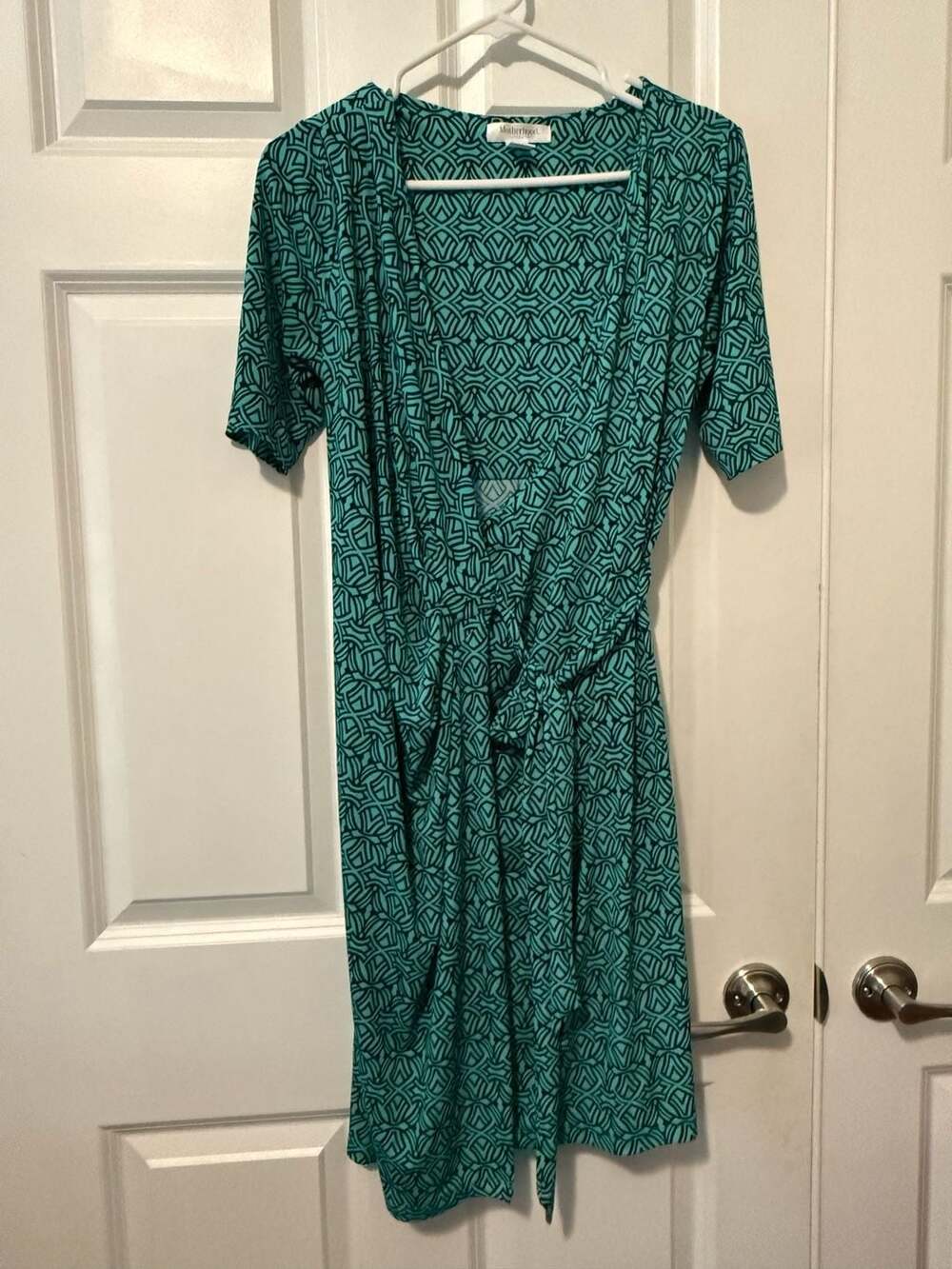 Motherhood Maternity Teal and Black Geometric Wrap Dress - Medium